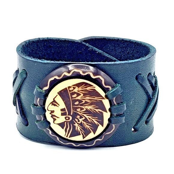 Indian Head Leather Cuff Bracelet Carved Tribal Biker Native American Western - Picture 7 of 7